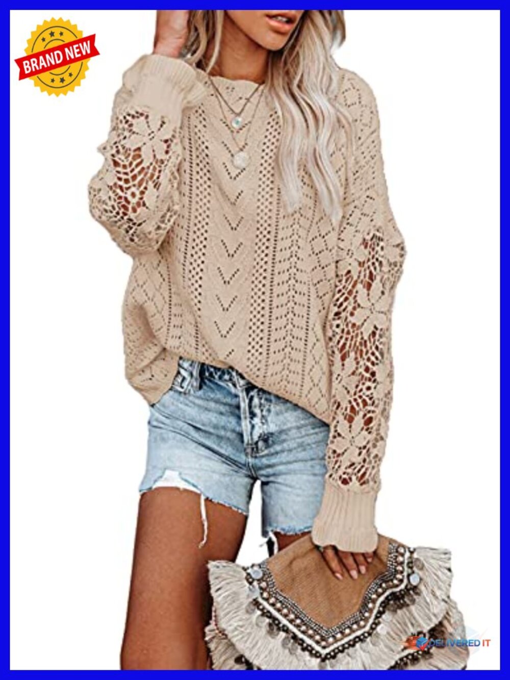 Womens Crochet Lace Crewneck Long Sleeve Hollow Out Cable Knit Pullover Top